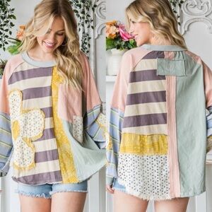 Oli & Hali Daisy Patched Mixed Materials Multicolor Striped Knit Top